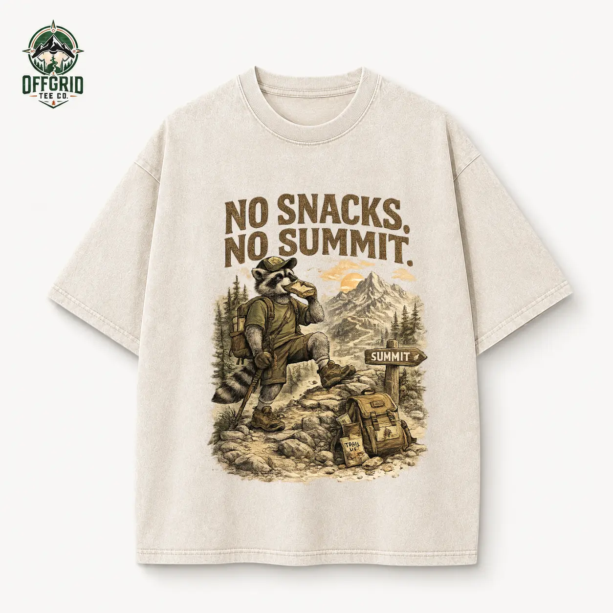 No Snacks No Summit Raccoon Hiking T-Shirt, Vintage Mountain Summit Graphic Tee, Off Grid Adventure Shirt, Outdoor Adventure Gift, Casual Hiking Wear Aesthetic Menswear