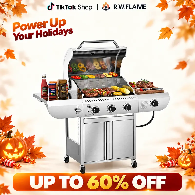 R.W.FLAME 34,000 BTU Total Output Propane Gas Barbecue - 3 Burners with Side Burner, 373 sq in Cook Area, Porcelain-Enameled Wire Grates, Stainless Steel Portable BBQ with Foldable Shelves, Quick Wipe Cleanup for Backyard, BBQ Parties, Family Gatherings