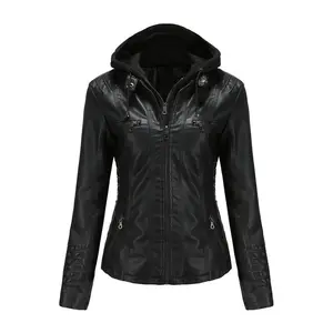 Women’s Black PU Leather Biker Jacket with Removable Hood, Faux Leather Motorcycle Coat, Long Sleeve Street Fashion, Sizes S–XL, GARMENTARY