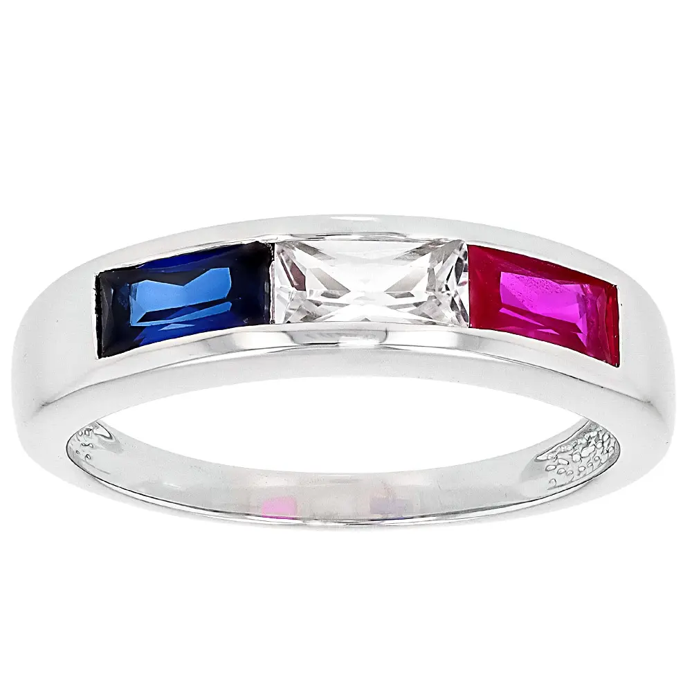 Colorful Gems Baguette Ring, Rhodium-Plated Sterling Silver, 1.13ctw Lab-Created Blue Sapphire, White Sapphire & Ruby Artificial Gemstone Ring