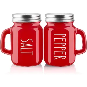 4 oz Cute Modern Glass Christmas Red Shaker Sets with Stainless Steel Lids, Red Kitchen Decor and Accessories for Home Restaurants Weddings