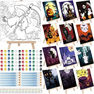 12 Sets Pre Drawn Canvas to   Adult Stretched Coloring Painting Canvas Panels with Design Easel and Brushes for Party Supplies Beginner Favor(Halloween)