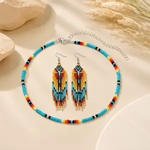 Women's Fashion Bohemian Blue-Green Beaded Jewelry Set | Perfect for everyday wear, celebrations, beach vacations, and also a unique gift such as a birthday present, Independence Day gift, and back-to-school gift.