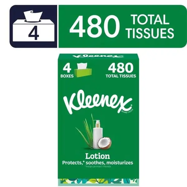 Kleenex Lotion with Coconut Oil and Aloe 3-Ply Facial Tissues, 4 Pack, 480 Tissues