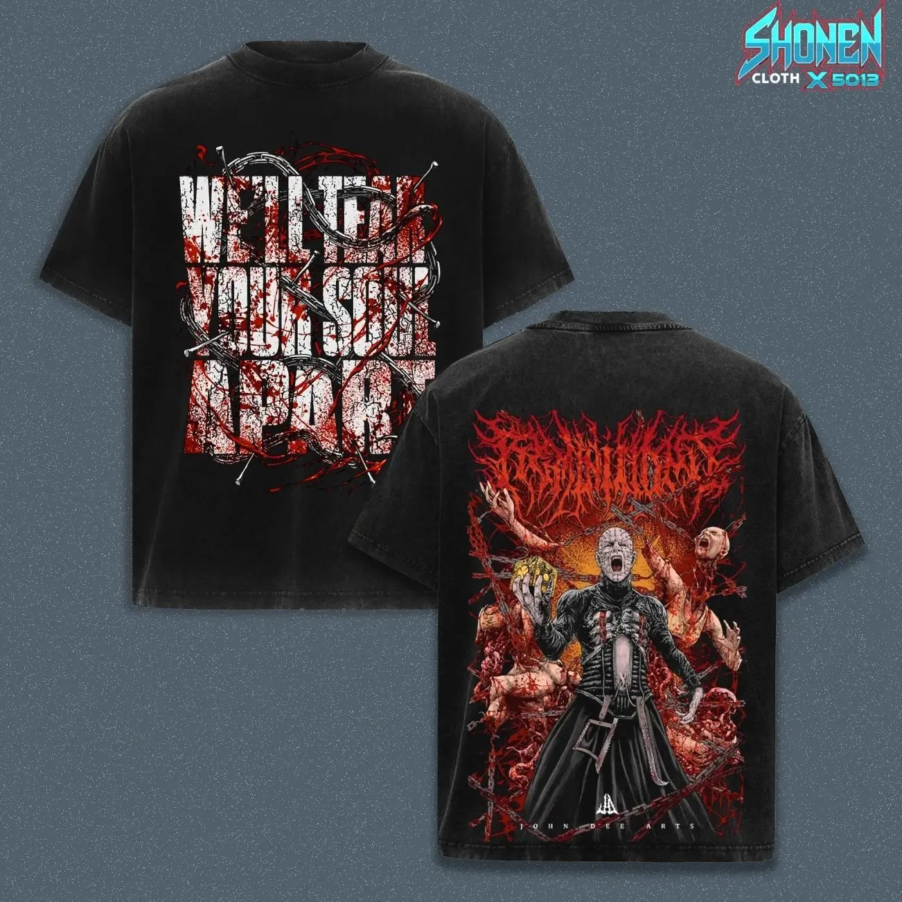 Hellraiser Pinhead We'll Tear Your Soul Apart Ashes Wash Heavyweight Blank, Horror Movie Cenobite Graphic Boxy Fit Top, Smoked Charcoal Streetwear Aesthetic, Gothic Merch 8SX
