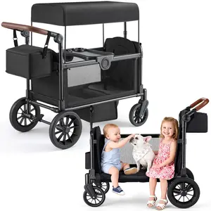 HARPPA Foldable Wagon Stroller for 2 Kids, All-Terrain Stroller Wagon with Removable UV Canopy, 5-Point Harness, Bench Seat, Portable Outdoor Kids Wagon for Toddlers, Gray