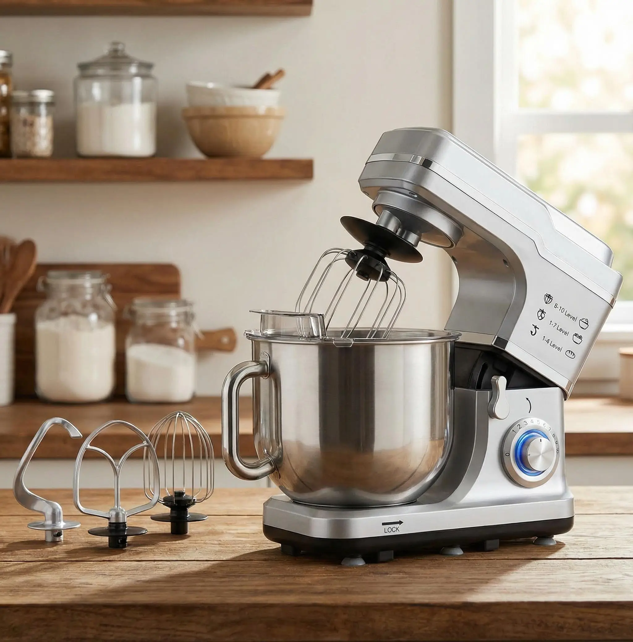 Gaomon Kitchen Mixer - 7.5 QT Stainless Steel Bowl, 660W Motor, 10 Speed Options, Tilt-Head & Bowl-Lift Design, Anti-Slip Base, Automatic Shut-Off, Attachments, Compact Daily Baking Tool for Home Bakers, Silver, Appliance Cover Included