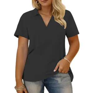 ROSRISS [1X-5X] Plus Size Summer Tops for Women Casual Collared V Neck Polo Shirts july Flowy Tunics Trendy Short Sleeve Blouses VPS0149 Street