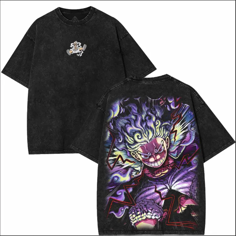 Lufi JoiBoy One Pice RetroVintage Unisex Anime Manga Acid Washed Lightweight Cotton Tshirt Gift For Anime Fan Tees Vintage Shirts T-shirt Men's Graphic Round Neck Fabric Menswear Top Oversized Black Casual Crewneck Summer Piece Devil Fruit