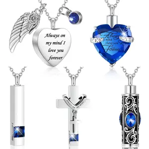 5 Pcs Urn Necklace for Ashes Cremation Keepsake Necklace for Ashes of Loved Heart Cross Cubic Stainless Steel Memorial Locket Urn Keepsake Jewelry for Women Men, 5 Styles