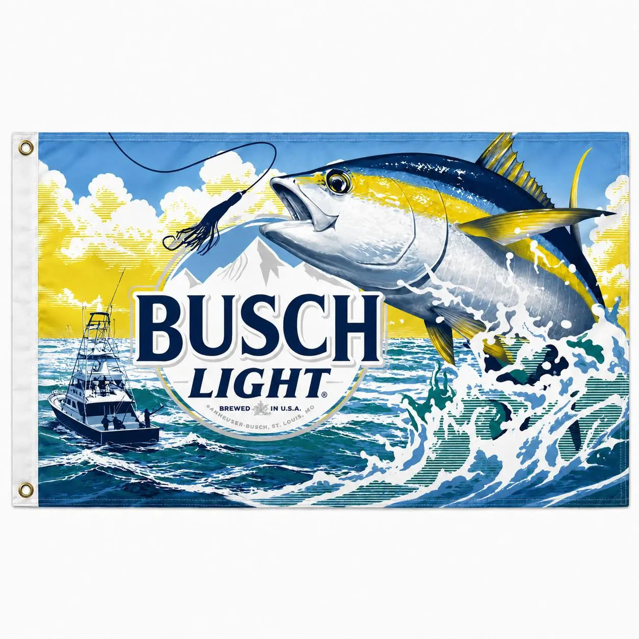 Busch Light Tuna Fishing Flag 3x5 Ft, Offshore Sport Fishing Beer Banner with Yellowfin Tuna, Ocean Boat and Wave Design, Coastal Man Cave Garage Bar Decor, Gift for Anglers, Fishermen, Dad, Husband and Fishing Enthusiasts