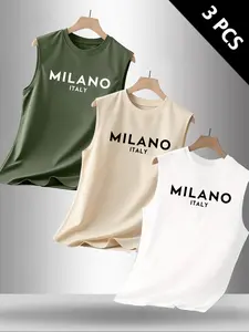 Summer Men's Casual Sleeveless Vest Sleeveless Tank Top, Letter Print Design, Outdoor Sports & Daily Wear, Pack of 3 Versatile Pieces