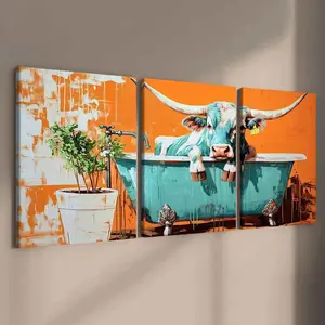 3 Counts Wooden Framed Canvas, Relaxing Bull In Bathtub Artwork, Exquisite Poster, Perfect Living Room Decoration, Modern Art, Fashion Family Poster, Wall Art Decoration, Odorless, Artwork