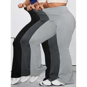 3pcs High Waist Plus Size Women's Sports Leggings, Flared Long Pants in Solid Color, Elasticity for Outdoor Leisure Running