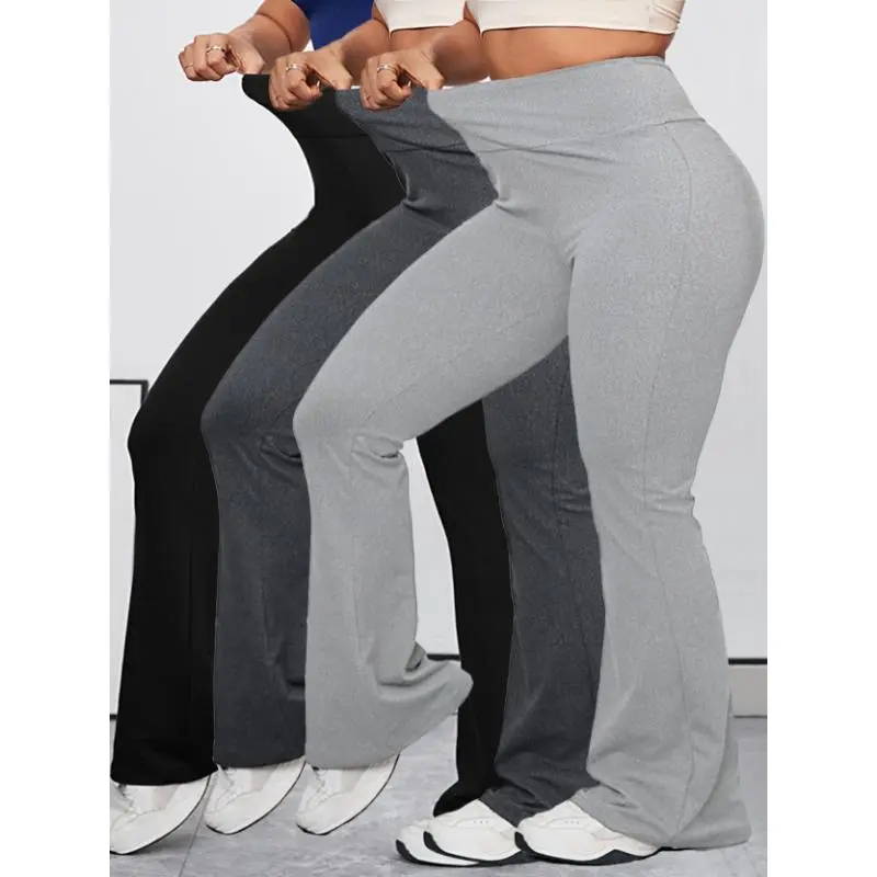 Flared Sports Leggings for Plus Size Women, 3-Pieces High Waist Solid Color Set with Stretchy X-Static Rib for Outdoor Run & Boxing, Tumble Dry