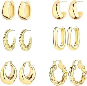 6 Pairs 14K Gold Hoop Earrings for Women Lightweight Chunky Hypoallergenic Thick Open Twisted Huggie Hoops Multipack Jewelry Gift Set minimalist jewelry Copper Synthetic Zircon Stud Earrings CZ Stud Earrings Set
