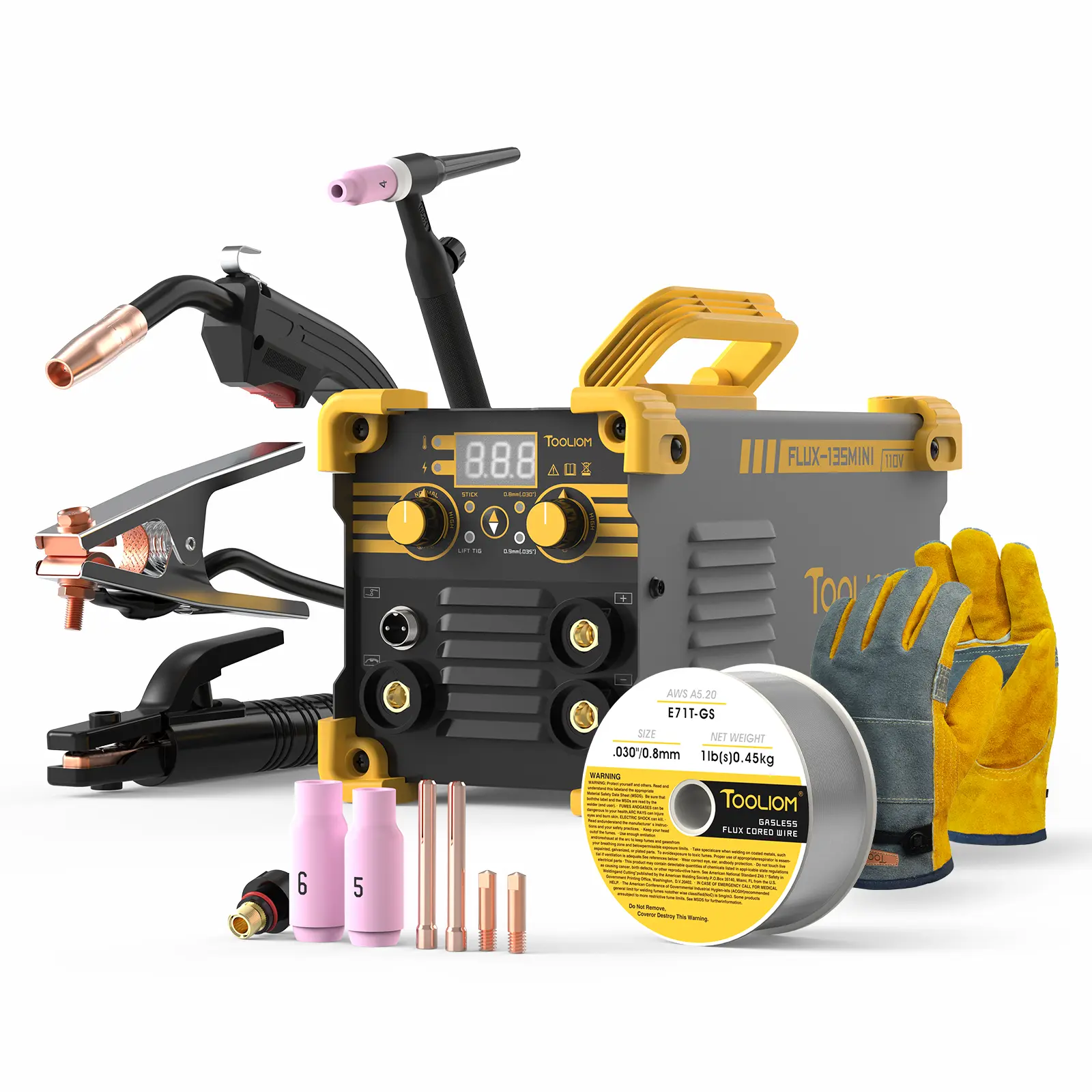 TOOLIOM FLUX-135 MINI 110V Flux Core Welder TIG-Ready Bundle - 135A 3-in-1 Gasless MIG/Lift TIG/Stick Welding Machine, Includes TIG Torch, Gloves & E71T-GS Wire