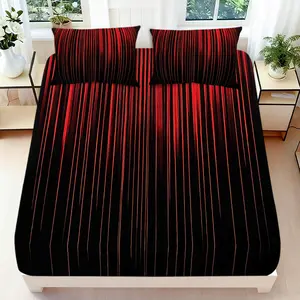 2/3 Pcs 2D Flat Modern Striped Fitted Sheet Set Red Black Striped Bedding Set Quilt Cover 1 Fitted Sheet+ 1/2 Pillowcases Elegant Top Sheet Decorative Bedding Bedroom Decor