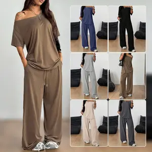 2pcs/Set Women's Minimalist Basic Daily Wear Going Out Sport Comfortable Off Shoulder T-Shirt And Wide Leg Pants Two Pieces Outfits