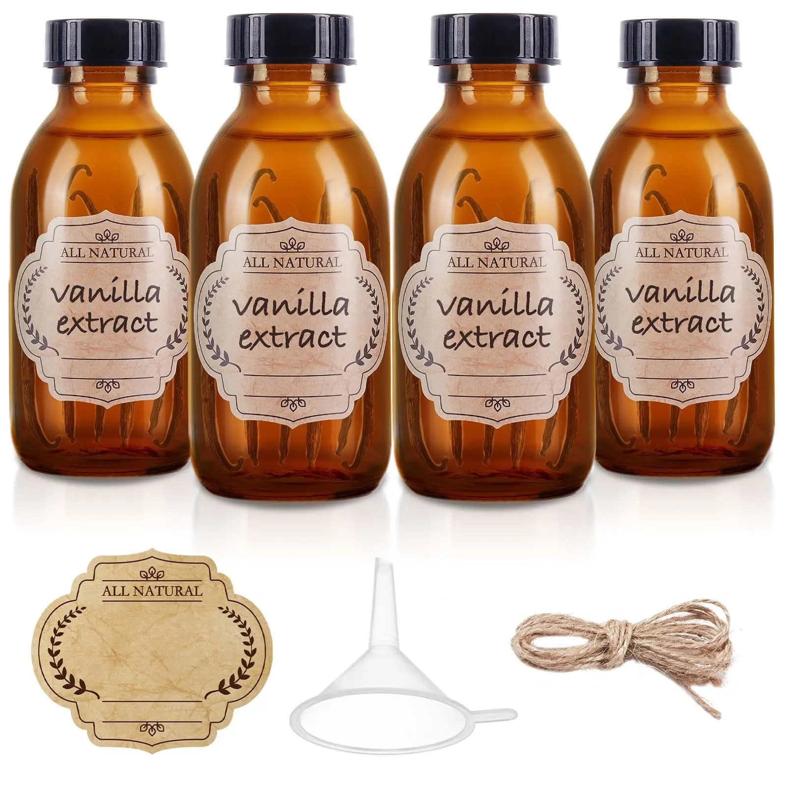 4oz Brown Thick Glass Boston Bottles with Airtight Caps & Writable Labels - 4-Pack Empty Home Storage Jars for Vanilla Extract, Gifting (Christmas) - Decorative Kitchen Organizer