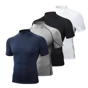 High-necked tight-fitting quick-drying clothes men's elastic T-shirt running fitness training clothes sweating sports compression short sleeves