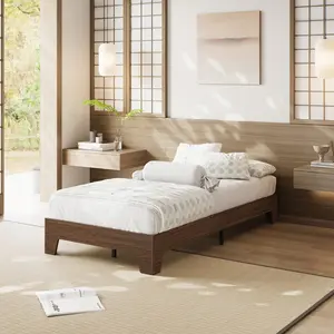Garvee 10 Inch Twin Size Wood Platform Bed with Wooden Slats, Natural Walnut Finish, No Box Spring Needed, Easy Assembly, Minimalist Design for Bedroom Furniture