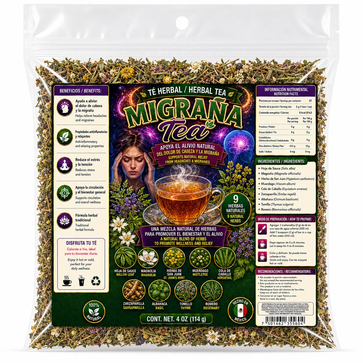 Viral Migrana Compuesto Herbal Tea Premium 4oz (114g) – 100% Natural Herbal Infusion – Hecho en Mexico – Makes 40+ Cups – Herbal Mixture for Comfort – Té para Migrana – Non-GMO | No Cafeína