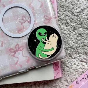 Humorous Alien Abduction Cat MagSafe Phone Grip, Funny Green Alien Hugging Fat Cat Griptok, Sarcastic Grumpy Cat Phone Stand, Space Cosmic Kitten Accessory, Gift for Cat Lovers