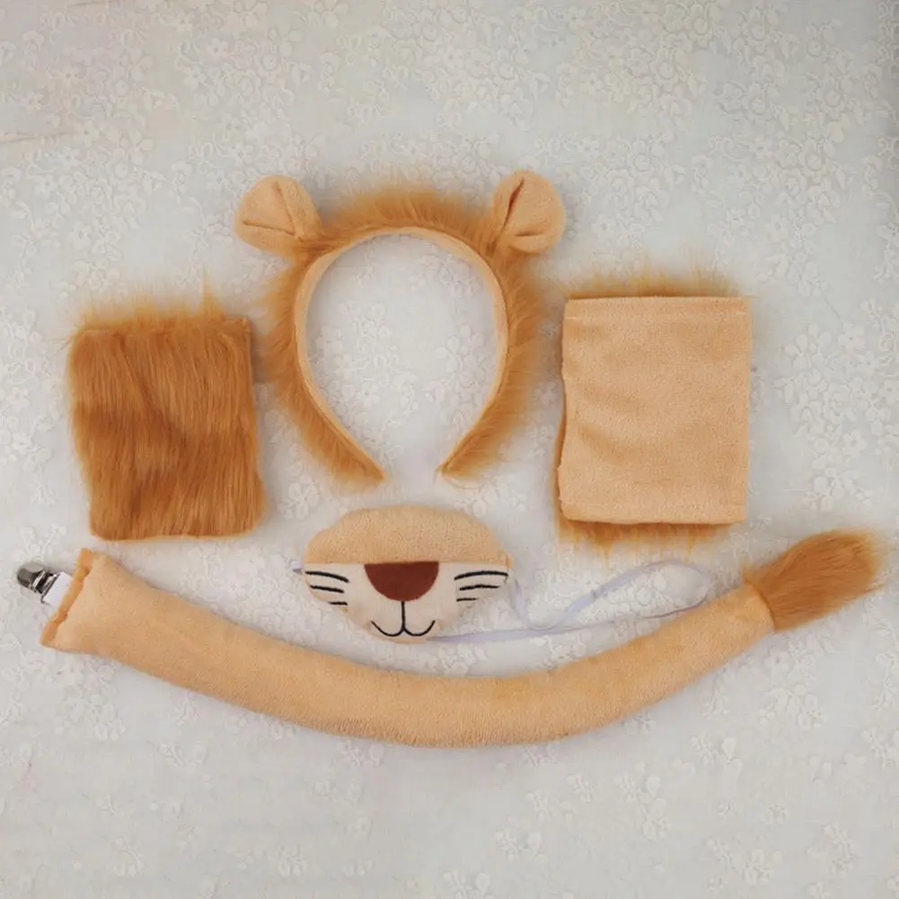4pcs Reusable Comfortable Furry Polyester Lion Costume Set - Adjustable Fit Ears Headband, Tail Kit for Halloween Cosplay, Youth-Adult Soft Plush Dress-Up Accessories