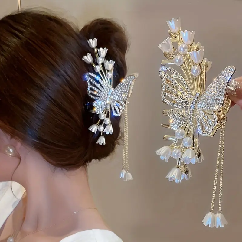 Women's Elegant Floral Tiara Comb, Alloy Hairpiece with Rhinestone, Imitation Pearl Fringe & Gemstone, Wedding Hair Accessory & Holiday Gift, Female, Pear
