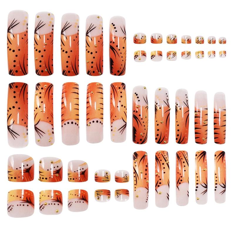 Orange Fake Nails Kit with Nail File & Tape, 48pcs/set Glossy Long Square False Finger and Toe Nails for Women & Girls