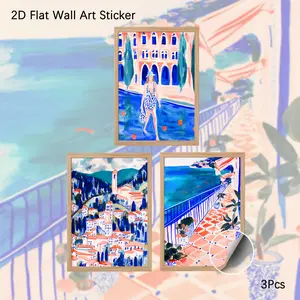 2D Flat Wall Art, 3Pcs PVC Self-Adhesive Framed Wallpaper Sticker, Vibrant Mediterranean Coastal Town & Poolside Woman Wall Decals, Bright Watercolor Style Decor for Living Room, Bedroom, Ideal for Summer Lovers & Vacation Aesthetic Fans