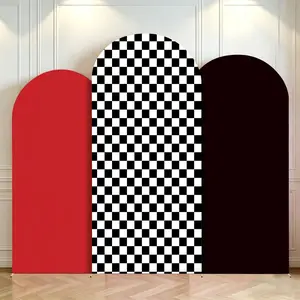Checkered Arch Backdrop Cover 6FT 6.6FT 7.2FT Stretchy Fitted Wedding Arch Cover Set of 3,Spandex Flower Round Top Arch Stand Covers for Wedding Shower Birthday (Black)