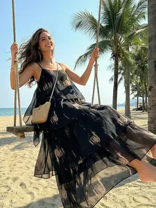 Elegant Women's Vintage Print Long Strap Boho Dress, Summer New Beach Vacation Style, Ruffle Cake Skirt, All over Print