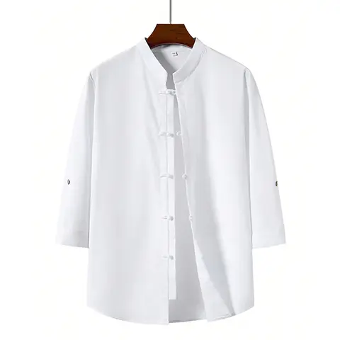 Grandclad Men's Fitted Traditional Knitting Collared Neck Shirt - Basic Chinese-Style Tang Suit Tai Chi Kung Fu Attire with Knot Twist Pattern, Thanksgiving Special Occasion Tie-Compatible Menswear