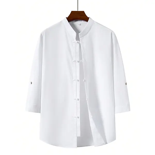 Grandclad Men's Fitted Traditional Knitting Collared Neck Shirt - Basic Chinese-Style Tang Suit Tai Chi Kung Fu Attire with Knot Twist Pattern, Thanksgiving Special Occasion Tie-Compatible Menswear