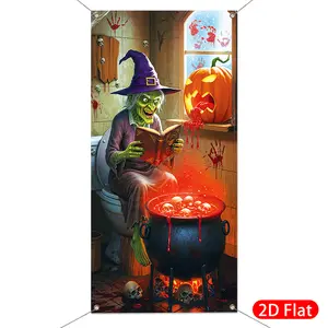 Halloween Scary Door Banner 90*180cm with Witch and Pumpkin Design, Durable Polyester 2D Print Decoration for Parties, Spooky Themed Home Decor