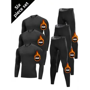 Medium Stretch 6pcs Men's Thermal Sports Suit Set - Polyester & Elastane Crew Neck Activewear - Ideal for Fall/Winter Outdoor Activities, Daily & Casual Wear, Christmas Fitness Outfit