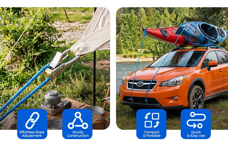 PeaWove The QEG Rope Tightening Tool & Tensioner 8-Pack with Rollercam Technology, Heavy-Duty Tie Down forCamping, Tarps, Boating & Outdoor Gear, Includes 8Reflective Cords & Carry Bag