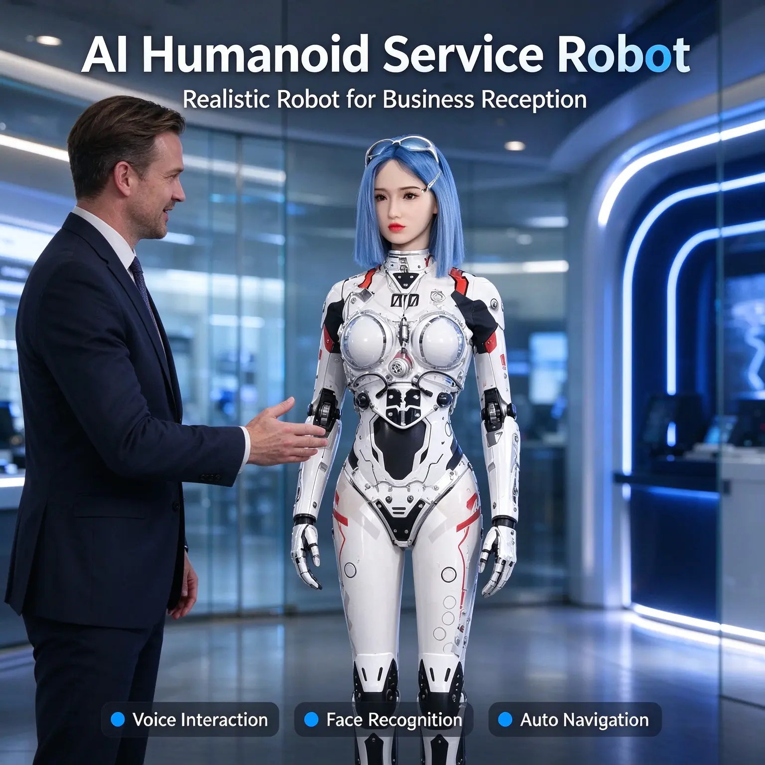 Smart Female Welcome Reception Robot with Large Model, Mobile Moving Camera, AI Voice Interaction, Visual Recognition, For Hotel, Exhibition & Business Service, Customizable