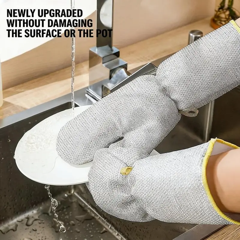 【Summer Sale Deals】Steel Wire Dishwashing Gloves with Silver Wire, Cloth-Lined, Lightweight, Comfortable, Durable Waterproof Oil-Resistant Heat-Resistant Cleaning Gloves for Kitchen Cleaning