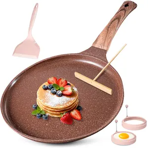 AOSION Crepe Pan Nonstick 11 Inch Dosa Tawa Ceramic Tortilla Pan for Pancake Steak with Ergonomic Handle & 2 Egg Rings for All Stoves Top Brown Aluminium Cookware