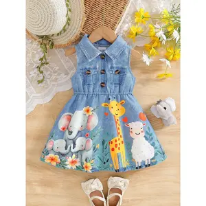 Baby girl's summer playful denim dress, featuring a collarless design and elephant, giraffe, animal, and floral prints, is super cute for daily outings and play.Baby clothes