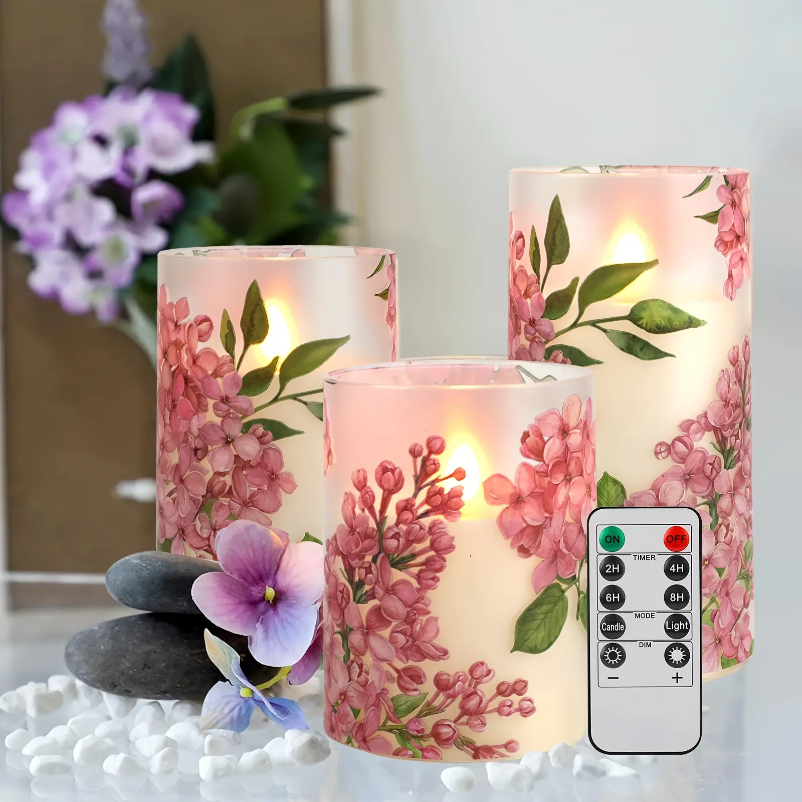 3pcs Cordless Indoor Flameless LED Candle Lights Set - Remote Control, Infrared Sensing, Dimmable, Durable Plastic, Elegant Floral Design, Adjustable, No Plug Required, Safe - for Romantic Ambiance, Home Decor