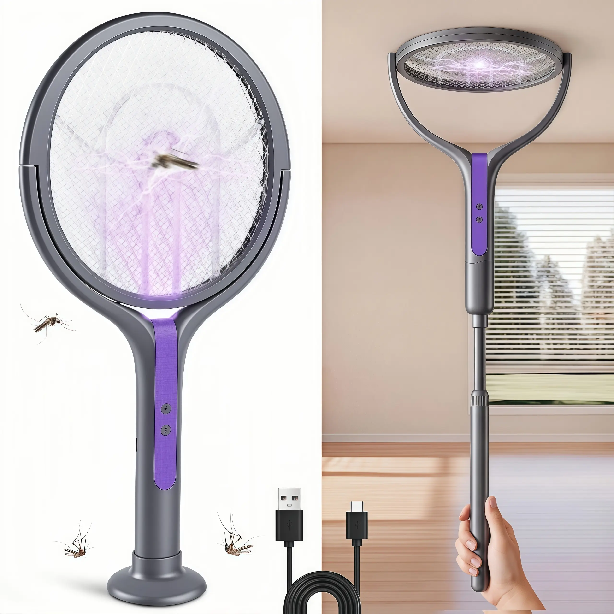 LMMAKE 1PC 2800V Cordless Electronic Mosquito Killer Racket - Rechargeable Bug Zapper with UV Light, Telescopic Handle, Safety Mesh, Wireless Portable Gnat Killer, Indoor Outdoor Use, Do Not Let Wet, Cordless Mosquito Zapper