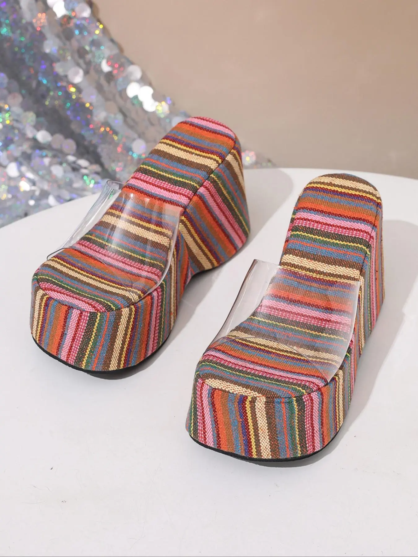 Women's Fashionable Colorful Striped Pattern Platform Sandals, Casual Comfortable Elevated Wedge Sandals for Summer, Non-slip Wear-resistant Soft Comfortable Shoes for Daily Wear, Girl, Casual Summer Footwear
