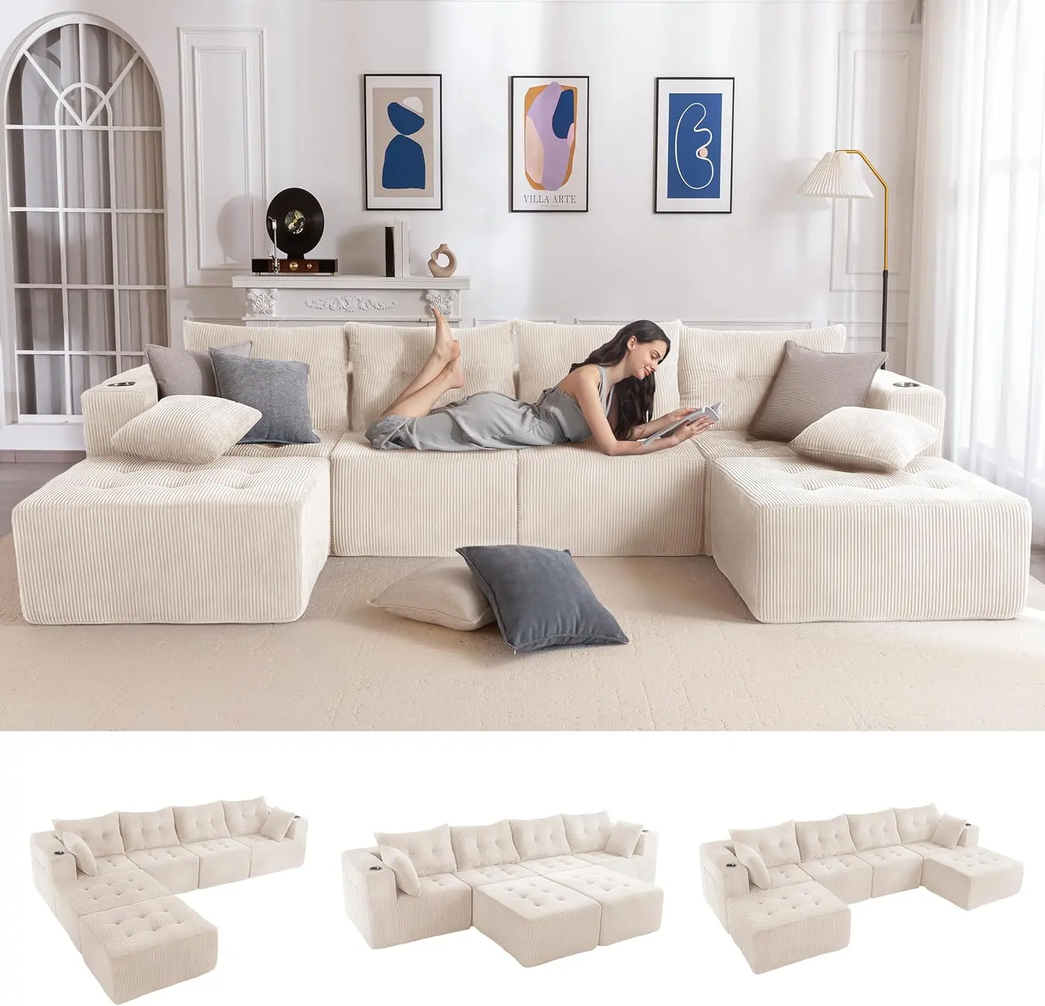 deals for you summervibe MAXYOYO 129.5" Modular Sectional Sofa Couch, U Shaped Modern Cloud Couch with 2 Ottomans, Sofa in A Box, Tufted 6-Seat Boneless Sleeper Chair for Living Room, No Assembly Required