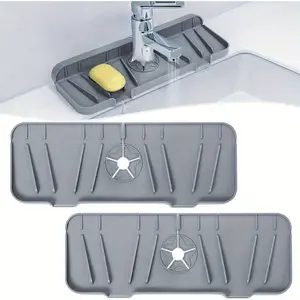 Kitchen Sink Splash Guard, 2-Pack Silicone Faucet Handle Drip Collector Tray, 14.57" x 5.31" Kitchen Countertop and Bathroom Sink Protector Drying Pad (Grey)