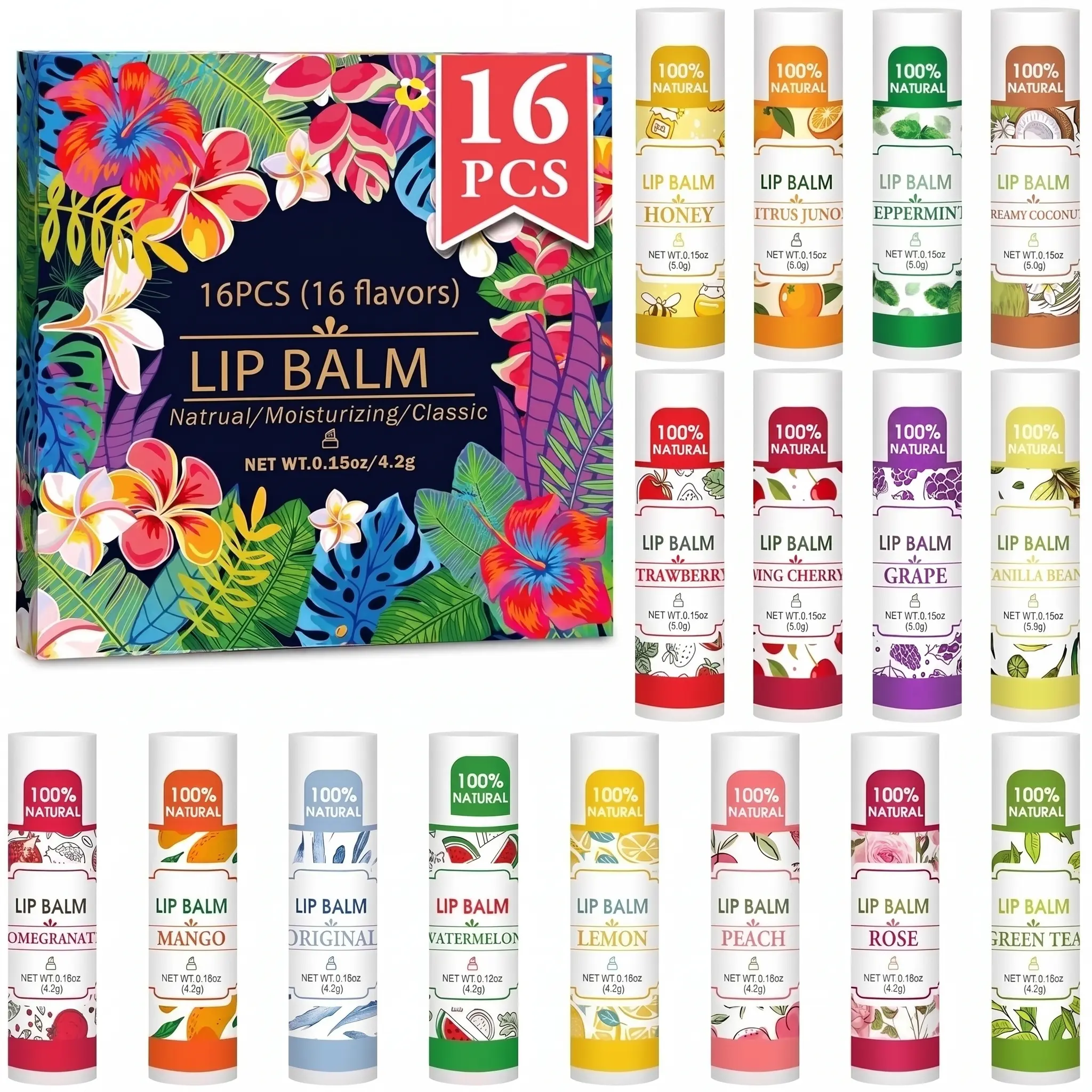 32-Pack Bulk Natural Lip Balm Set - Vitamin E & Coconut Oil Infused Care to Moisturize Dry, Cracked Lips (16 Flavors)