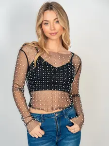 Rhinstone Mesh Top Crew Neck Casual